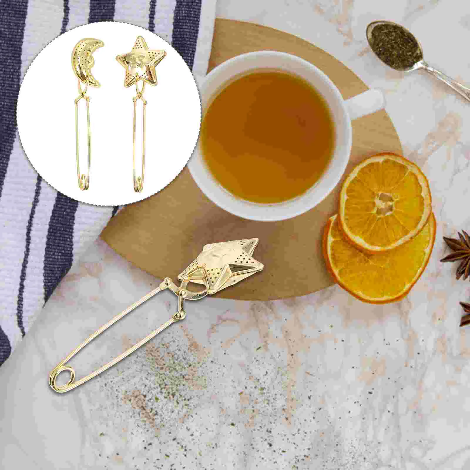 2 Pcs Tea Leak Filter Ball Strainer Golden Leaf Stainless Steel Pincer Moon Star Shaped