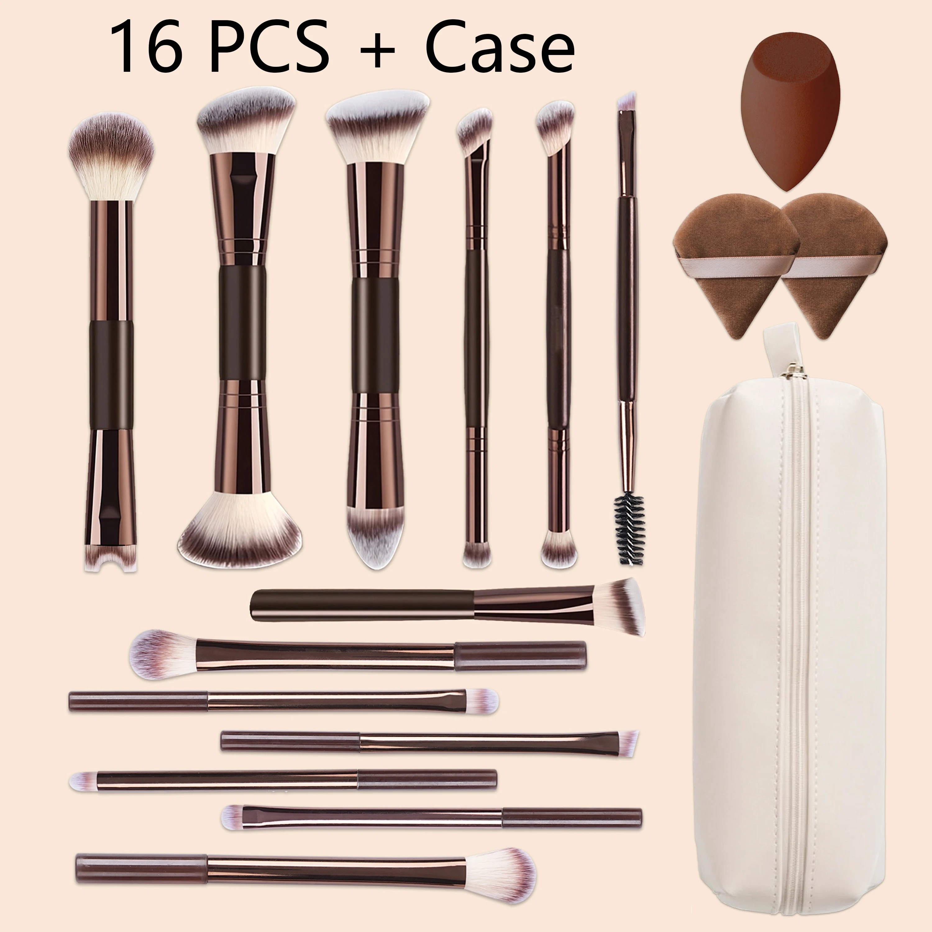Makeup Beauty Ro - ชุดแปรงแต่งหน้าสองหัว 16 ชิ้น พร้อมกล่องเก็บ, แปรงสำหรับรองพื้น, แป้ง,