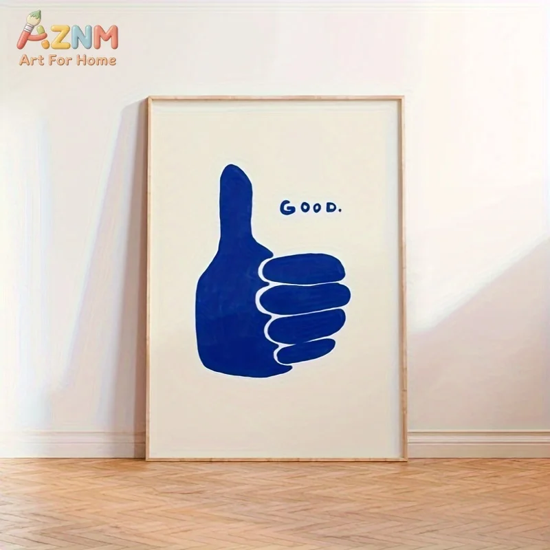 AZNM Minimalist Blue Thumbs Up Good Text Canvas Print Simple Abstract Gesture Positive Aesthetic Bedroom Living Room Wall Decor