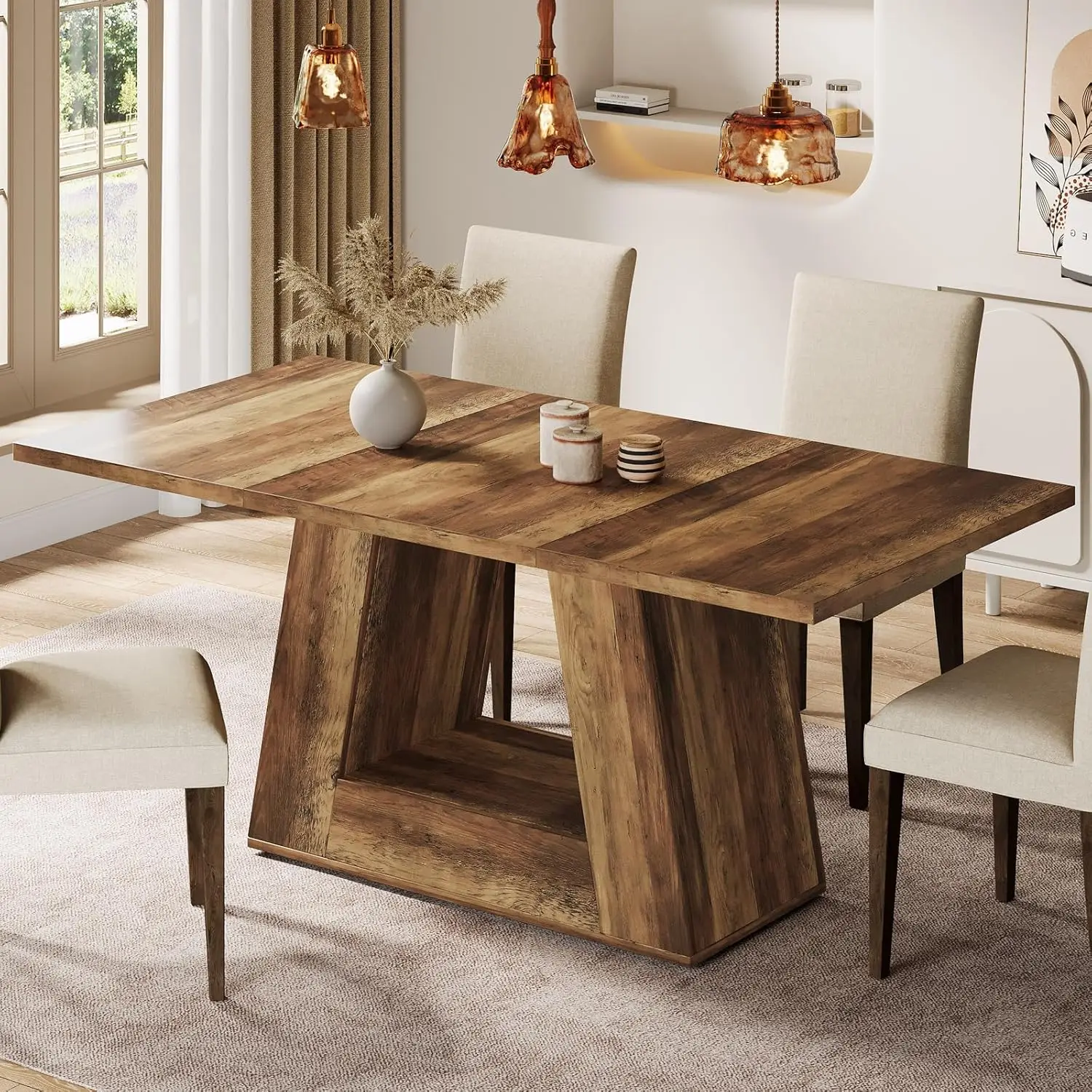 Dining Table for 4 to 6 People, 63" Farmhouse Dining Room Table, Rectangular Wooden Dinner Table with Sturdy Base for Kitchen, L