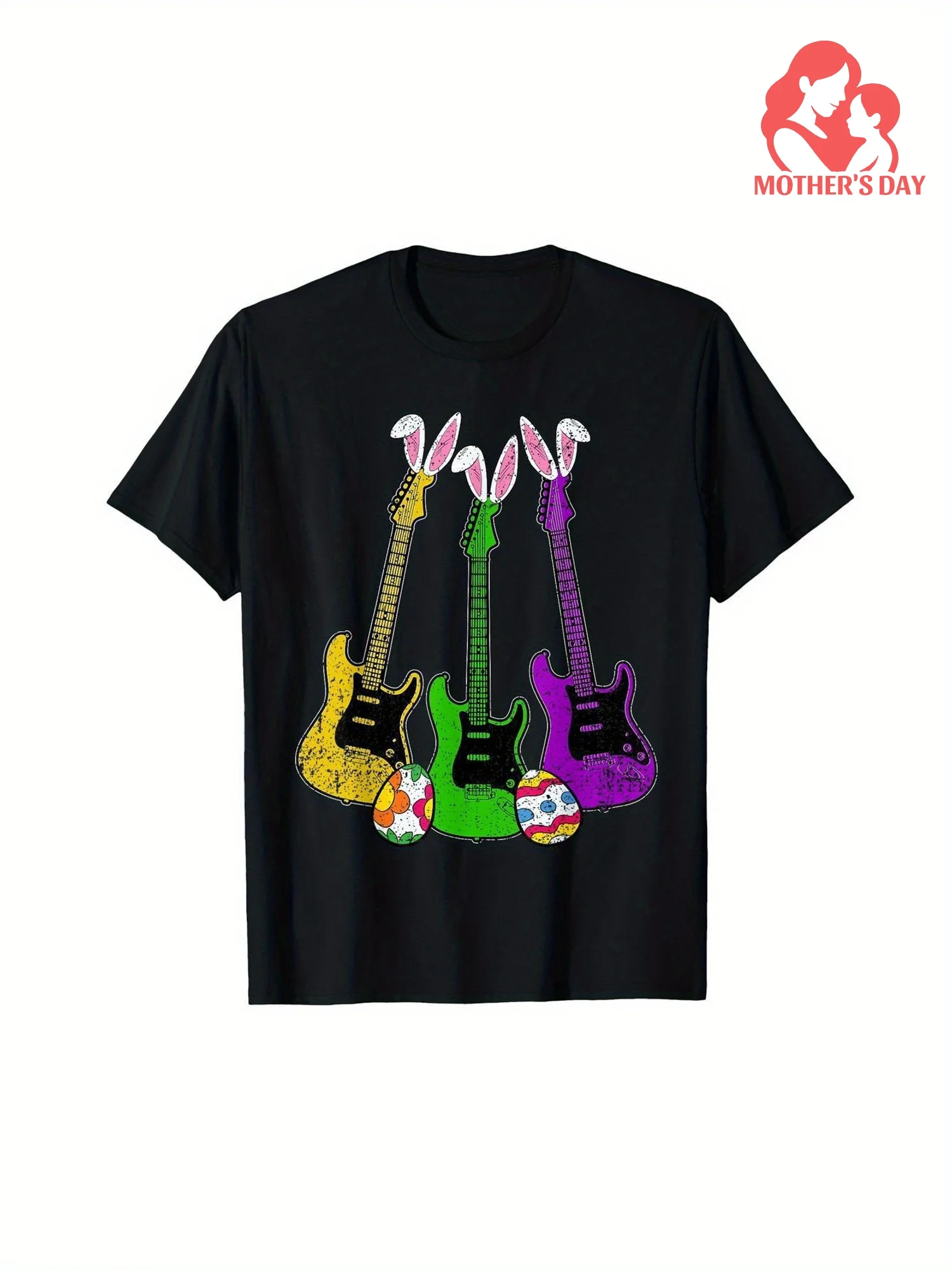 

Electric Guitar Bunny Ears Easter Guitarist Graphic Tee Soft Cotton Casual Round Neck T-Shirt