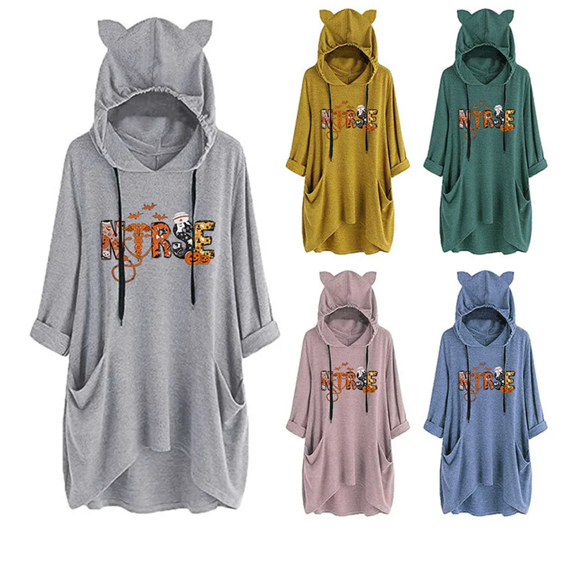 ew fashion cotton Autumn/Winter nurse Nurse Pumpkin Alphabet print cute cat ears women's pocket knit hoodie