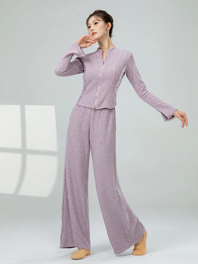 สีทึบลูกไม้หรูหราแขนยาวบัลเล่ต์ด้านบนและกางเกงขากว้างเอวสูงชุดสําหรับเวทีหรือการปฏิบัติ