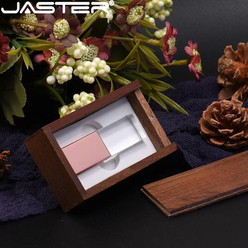 JASTER USB 2.0 Flash Drive with Wooden Box Crystal Pen Drive Memory Stick Creative Wedding Gift Pendrive 128GB 16GB 32GB 64GB