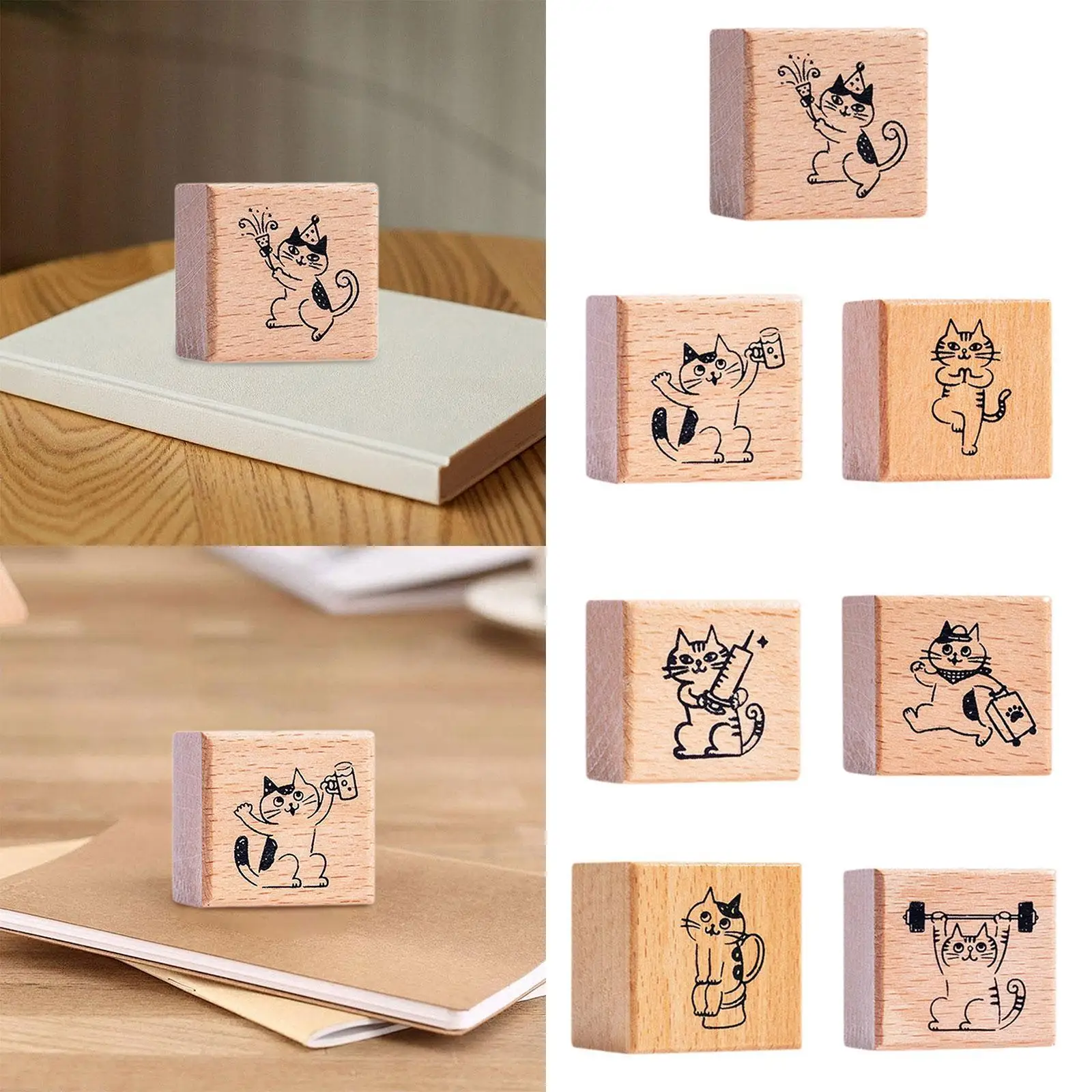 Cat Stamp for Kids 1.2 inch Square Small Rubber Stamp on Wood Block for Card Making Diary Photo Album Planner Letter