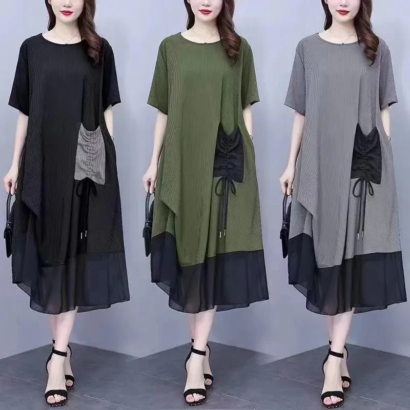 Summer New Fat Woman's Loose Plus-Size Belly-Covering Slim Dress Temperamental Age-Reducing Elegant And Spliced Women's Dress