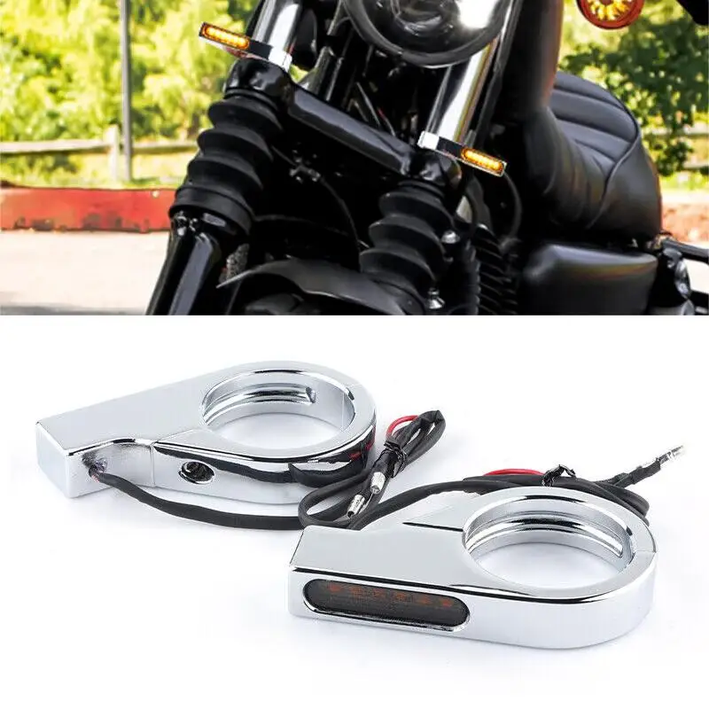 

New 1 Pair Chrome Universal Motorcycle Front Fork Clamp LED Turn Signal Light Indicator Lamp Amber DRL 39-41mm 12V