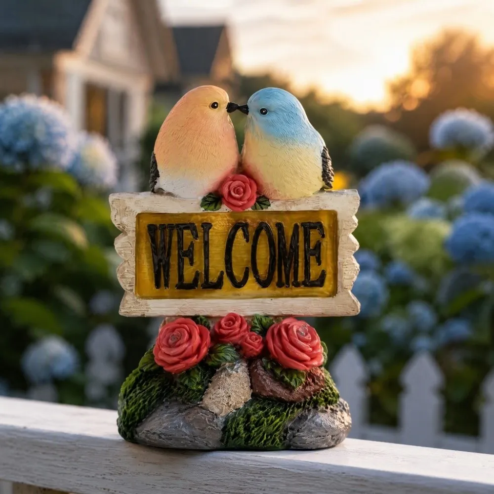 Solar Powered Garden Welcome Sign Durable Resin Creative Design Bird Figurine Warm Light No Wiring Needed Solar Resin Craft