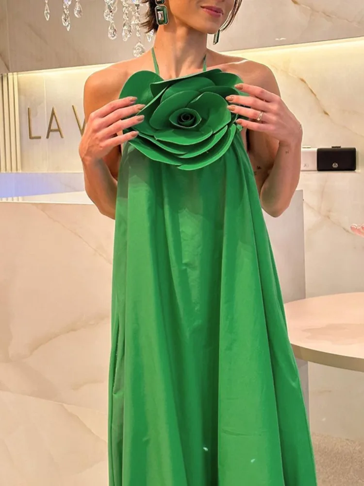 Onecozyday Women's Summer Sexy Backless Spaghetti Strap Dress 3D Floral Split-joint A-line Pleated Maxi Dress Casual Party Dress