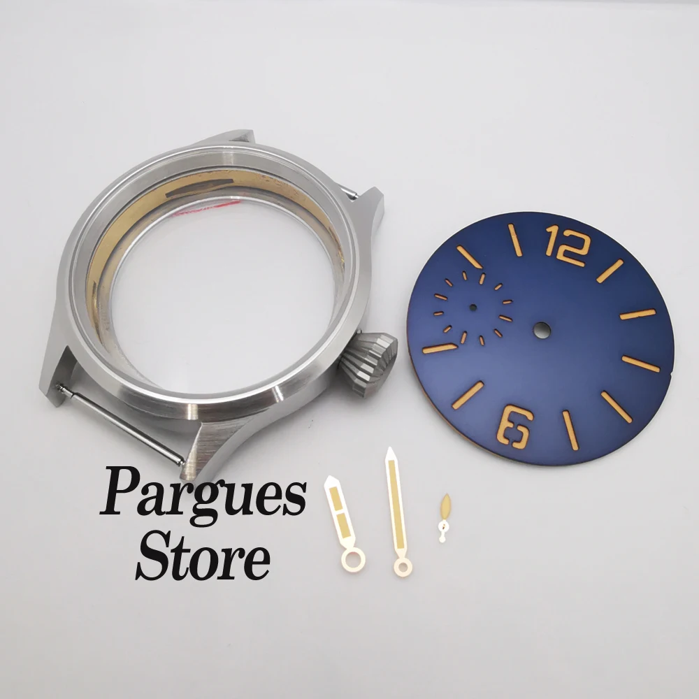 

43mm Brushed Steel/Brass/Black PVD Coated Sapphire Glass Watch Case Dial Hands For ETA 6497 ST3600 Hand Winding Movement