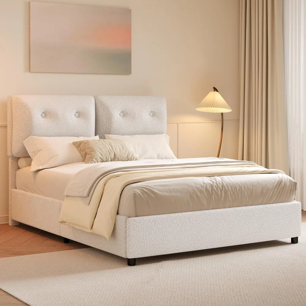 Breathable Boucle Fabric Upholstered Bed Frame with Headboard, Removable and Washable, Wood Slat Support, No Box Spring Needed