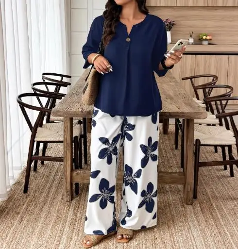 

Solid Color V-Neck Long Sleeved Loose T-Shirt Top and High Waisted Straight Leg Pants Set for Autumn Women's Elegant Casual Suit