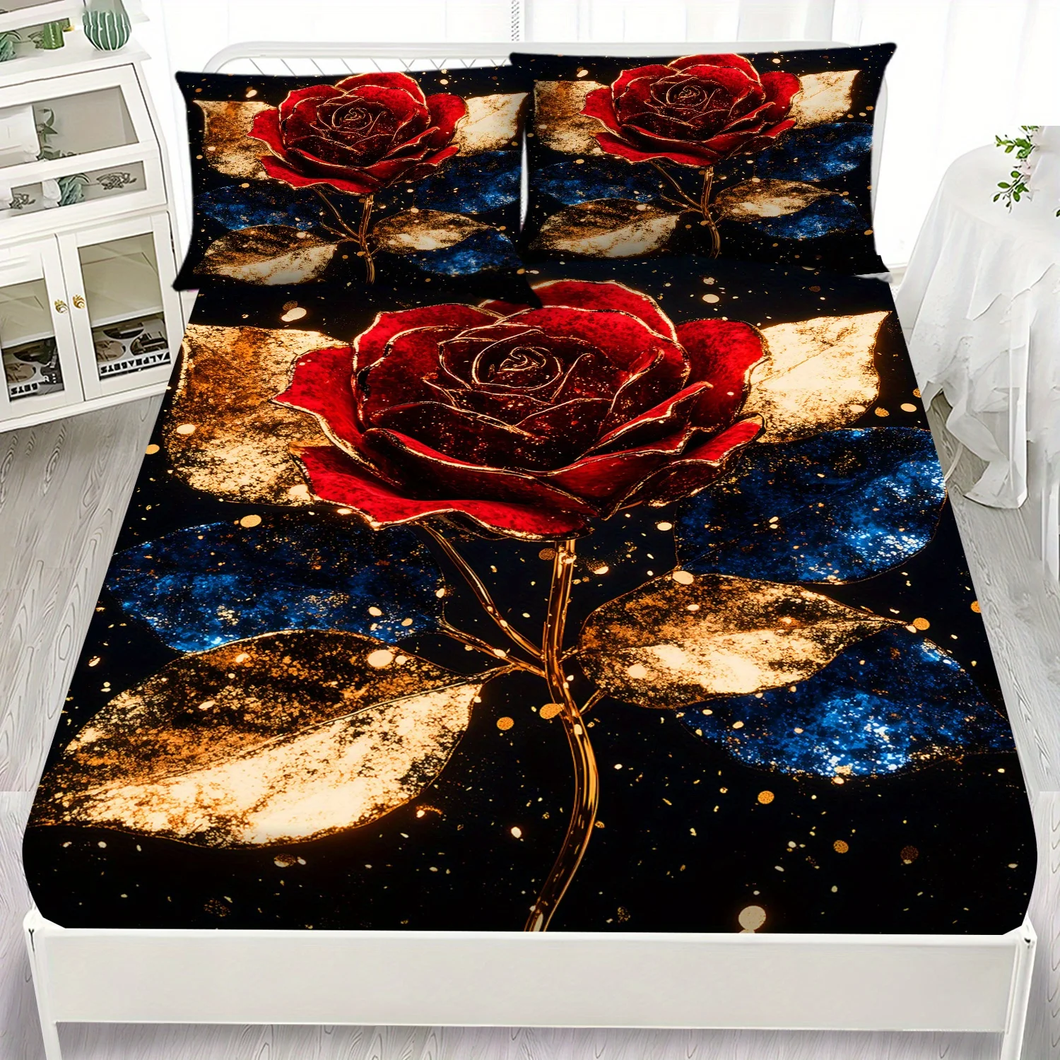 Galaxy Red Rose Fitted Sheet Set 3D Print Romantic Starry Sky Bedding Set Soft Breathable Microfiber Fabric For Women Bedroom