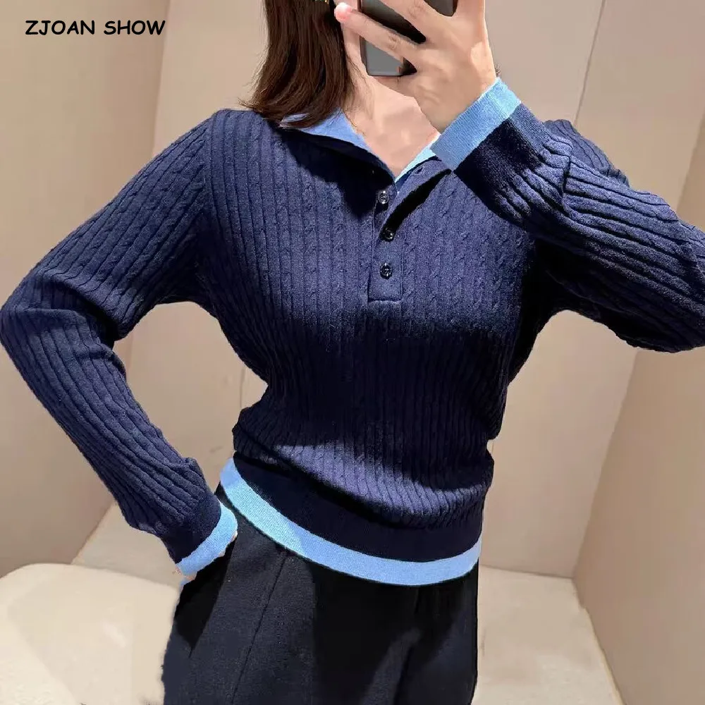 

Women False 2 pieces Navy Contrast Color Open Buttons High neck Rib Knitted Sweater Long Sleeve Pullover Jumper Girl Knitwear