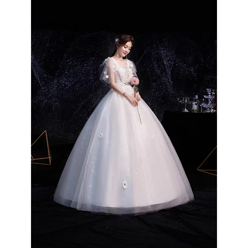 Luxury Bridal High Waist Wedding Dress Plus Size Scoop Neck Beading Puffy Stage Performance Ball Gown