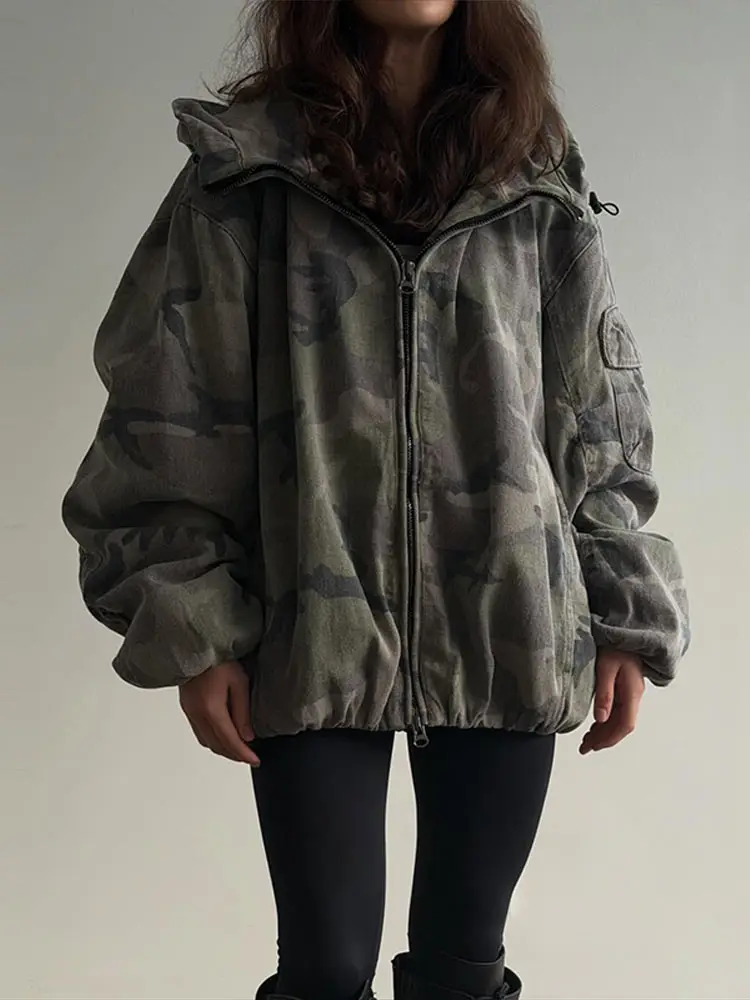 Women Camo Print Hooded Zipper Jacket Elastic Cuff Jacket Cropped Short Length Loose Puffer Winter Warm Winter Street Jackets