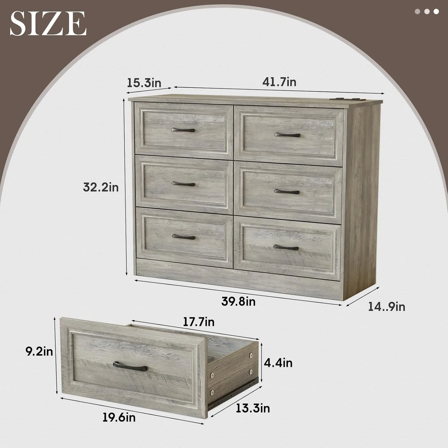 Dresser for Bedroom, 6 Drawer Wide Dresser Organizer with Charging Station, Dresser for Hallway, Wood Dresser with Metal Handles