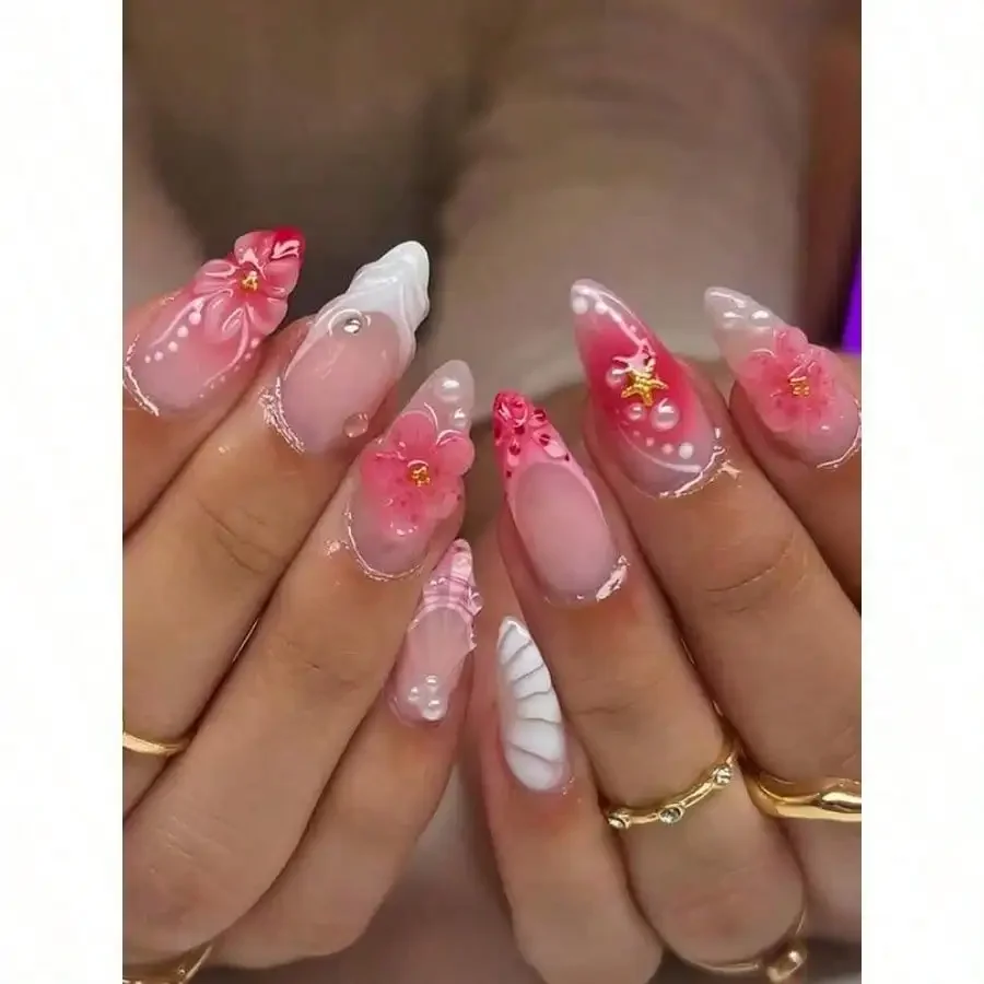

24Pcs/Set French Almond Shaped Ocean Style Elegant 3D Fresh Lemon Flower Gradient Polka Dot Sweet Press-On Full Cover Fake Nails With 1Pc Jelly Gel And 1Pc Nail File, Adding A Romantic Touch To Make You Look Sweet, Suitable For Daily Dates Nail Supplies