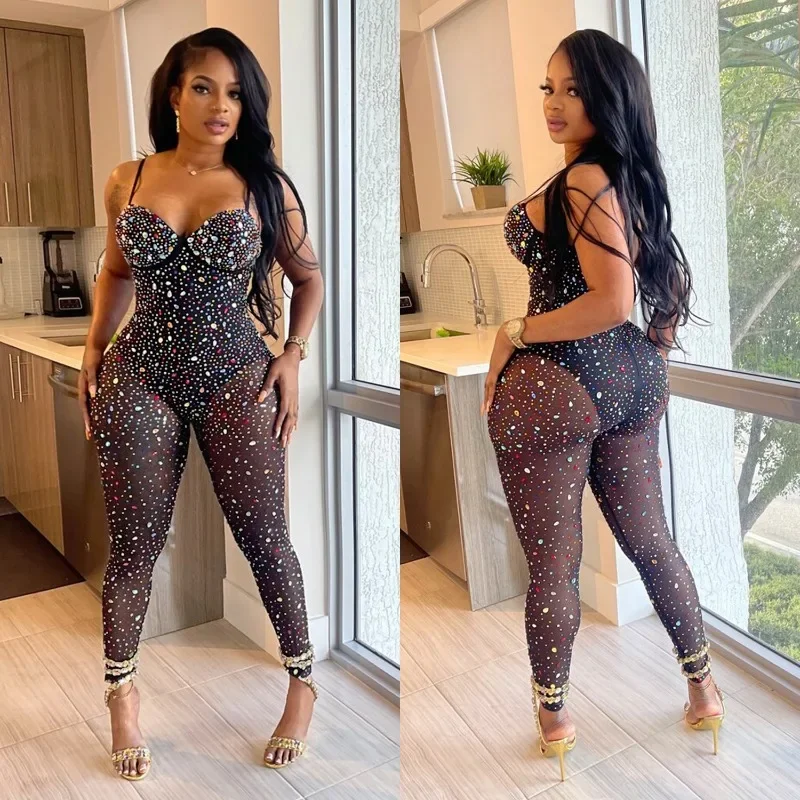Solid Color Mesh Colorful Hot Diamond Women Jumpsuit 2023 Autumn Fashion Sleeveless Spaghetti Strap Bodycon Romper Partywear