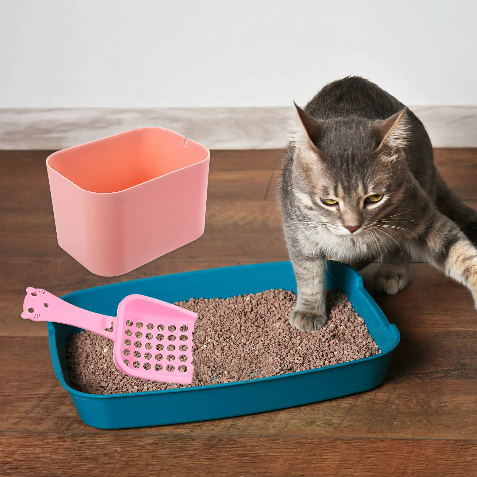 1Set Cat Litter Scoop with Bucket Reusable Plastic Litter Shovel Humanized Handle Efficient Sand Sift Cat Poop Cleaning Tool