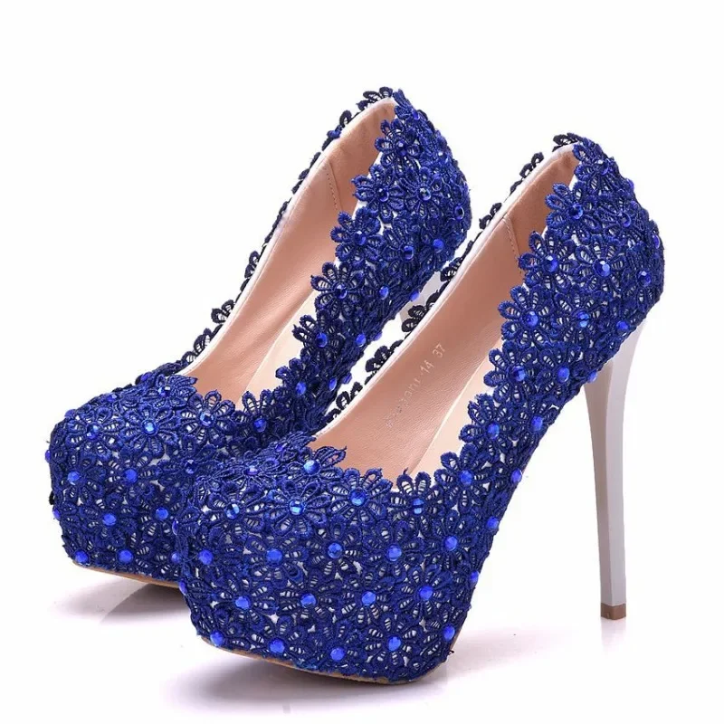 

Women Pumps Party Prom Round Toe Rhinestone Slip-On PU 14CM Thin Heels Lady Wedding Korean Style Fashion Women Shoes Blue