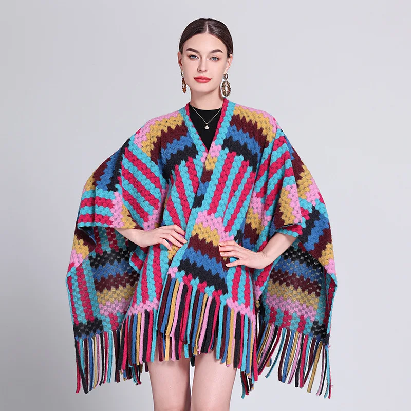 

Fashion Lucky Colored Stripes Woven Cape Coat Women Autumn Winter Long Poncho Wraps Party Travel Leisure Cloak Thick Shawl