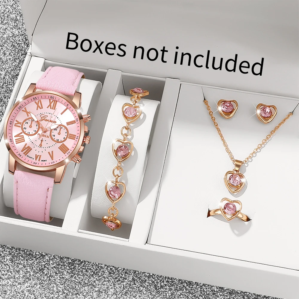 6PCS/Set Fashion Women's Quartz Watch Leather Band Analog Wrist Watches Heart Rhinestone Jewelry Set(Without Box)