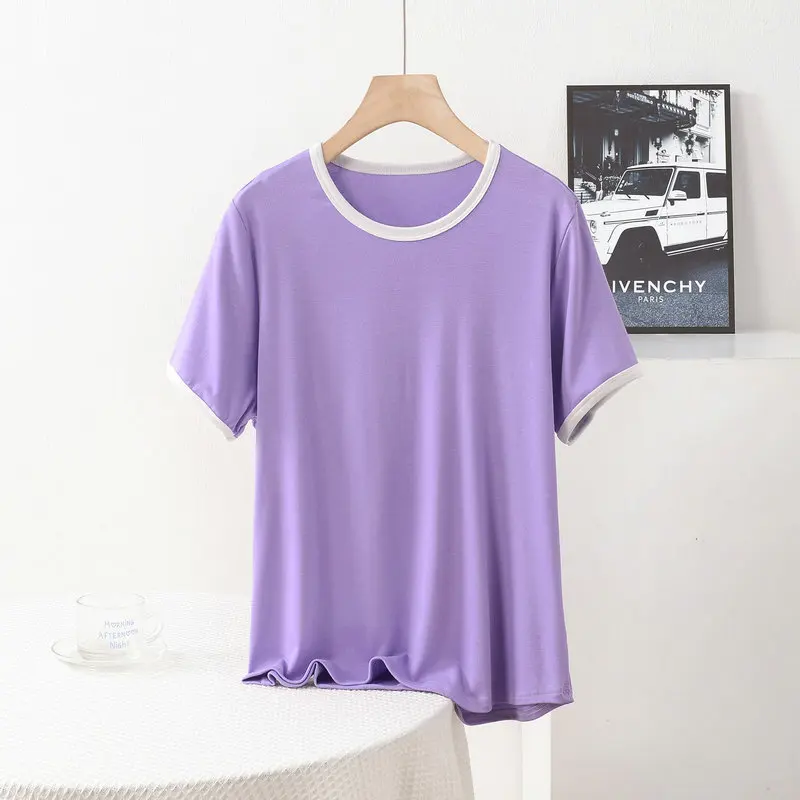 XL a 8XL Modal O-pescoço Camiseta de manga curta com acabamento branco Camisetas soltas com bloqueio de cor Camisetas leves e versáteis