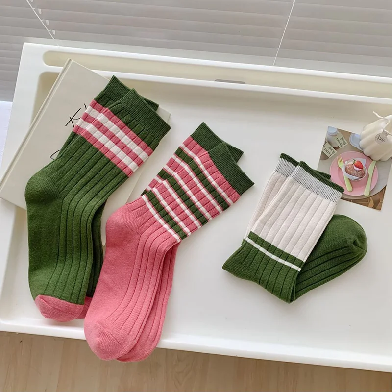 5 Pairs Lot Fashion Women\'s Socks Medium Tube Winter Korean Style Pink Green Striped Knit Breathable Soft Girls Cotton Sock Pack