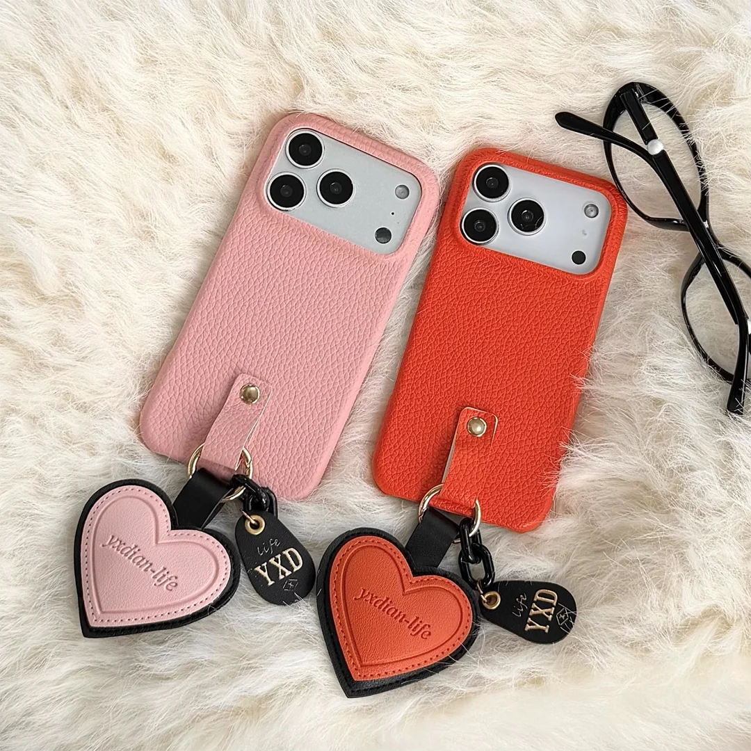 

Fashion Cute Love Heart Hangings Leather Case For iPhone 11,12,13,14,15 Pro,16 Pro Max,17 Air,17 Pro Max Shockproof Phone Cover