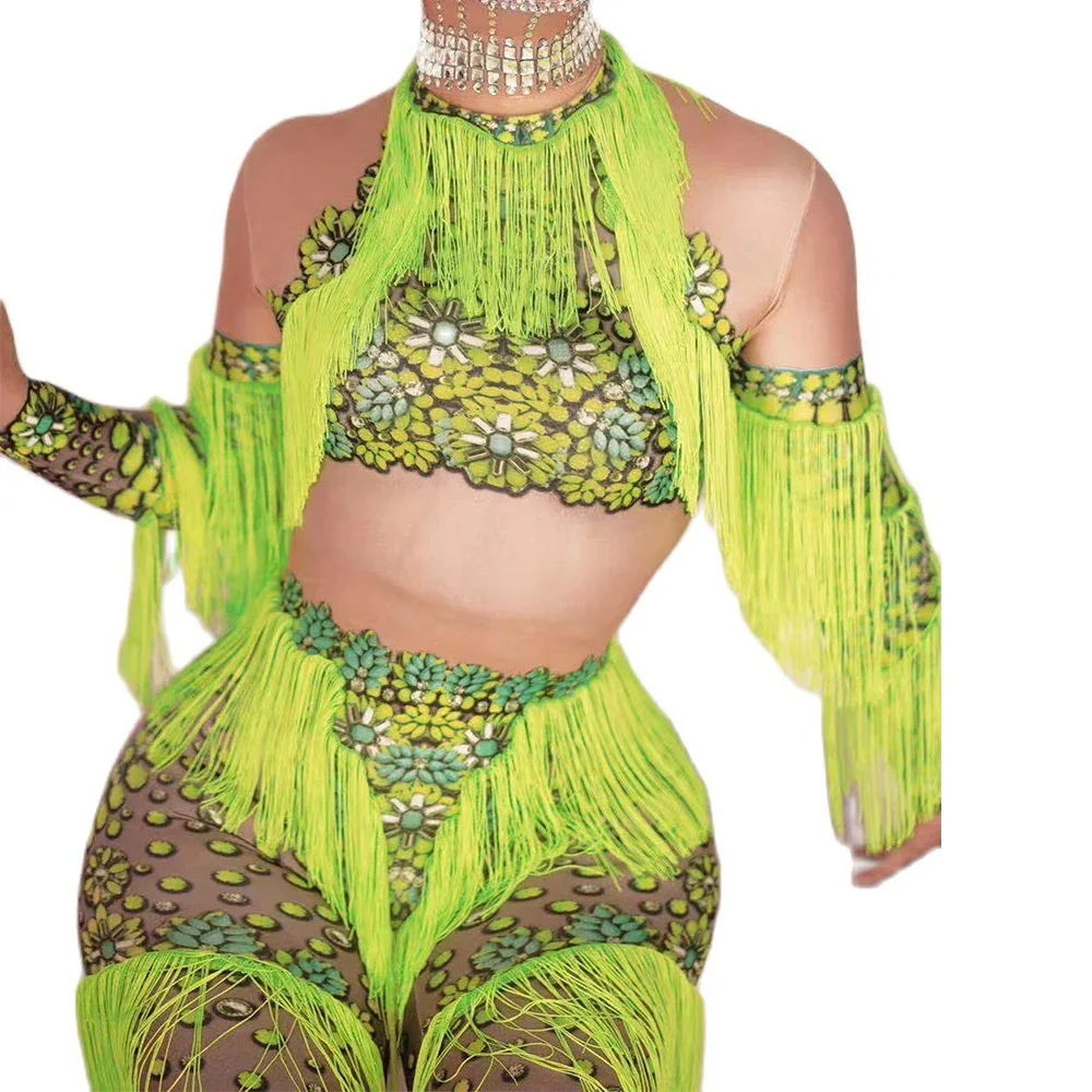 Green Off Shoulder Sexy Tassel Jumpsuits For Women Party Club Clothing Stage Singer Perform Costume Party Rave Outfits