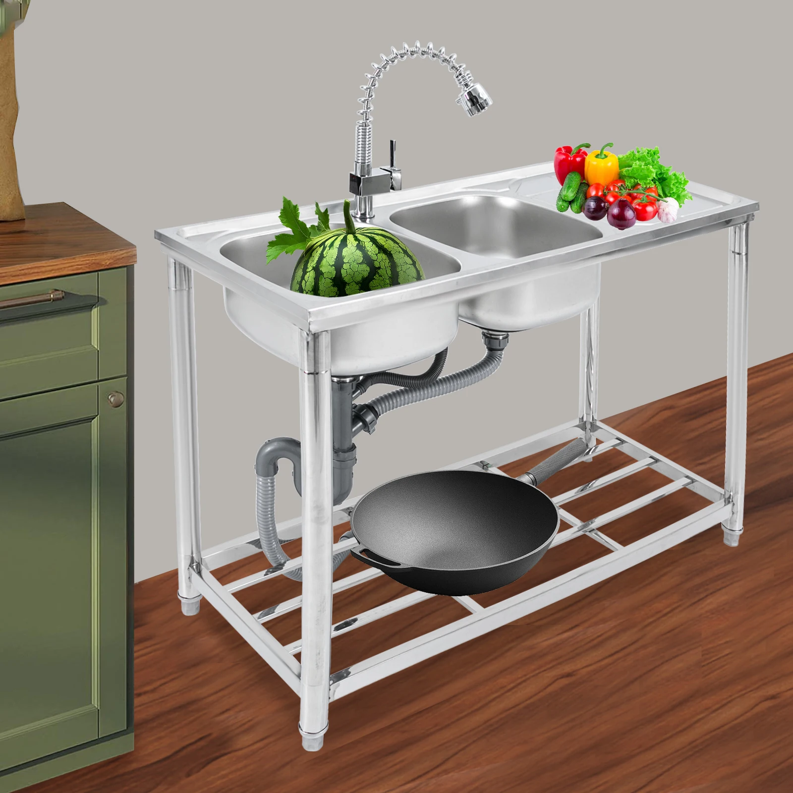 

Kitchen Sink,Double Bowl Sink W/ Pull-Out Faucet,Commercial Restaurant Sink,Stainless Steel Utility Sink,Adjustable Feet