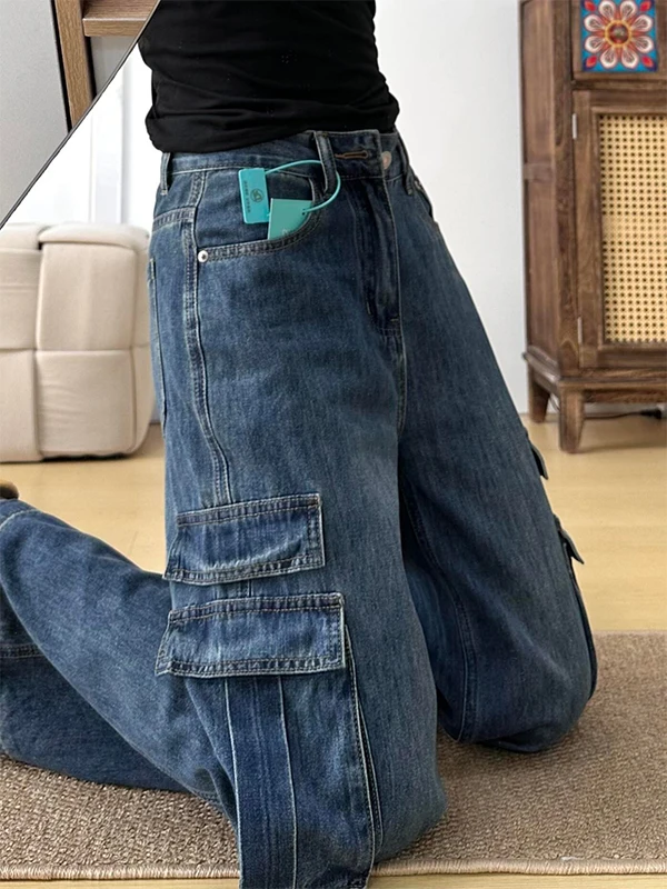 

High Waist Wide Leg Denim Jeans Women's Vintage Washed Pocket Detail Street Style Cotton Stretchable Teenagers High Street