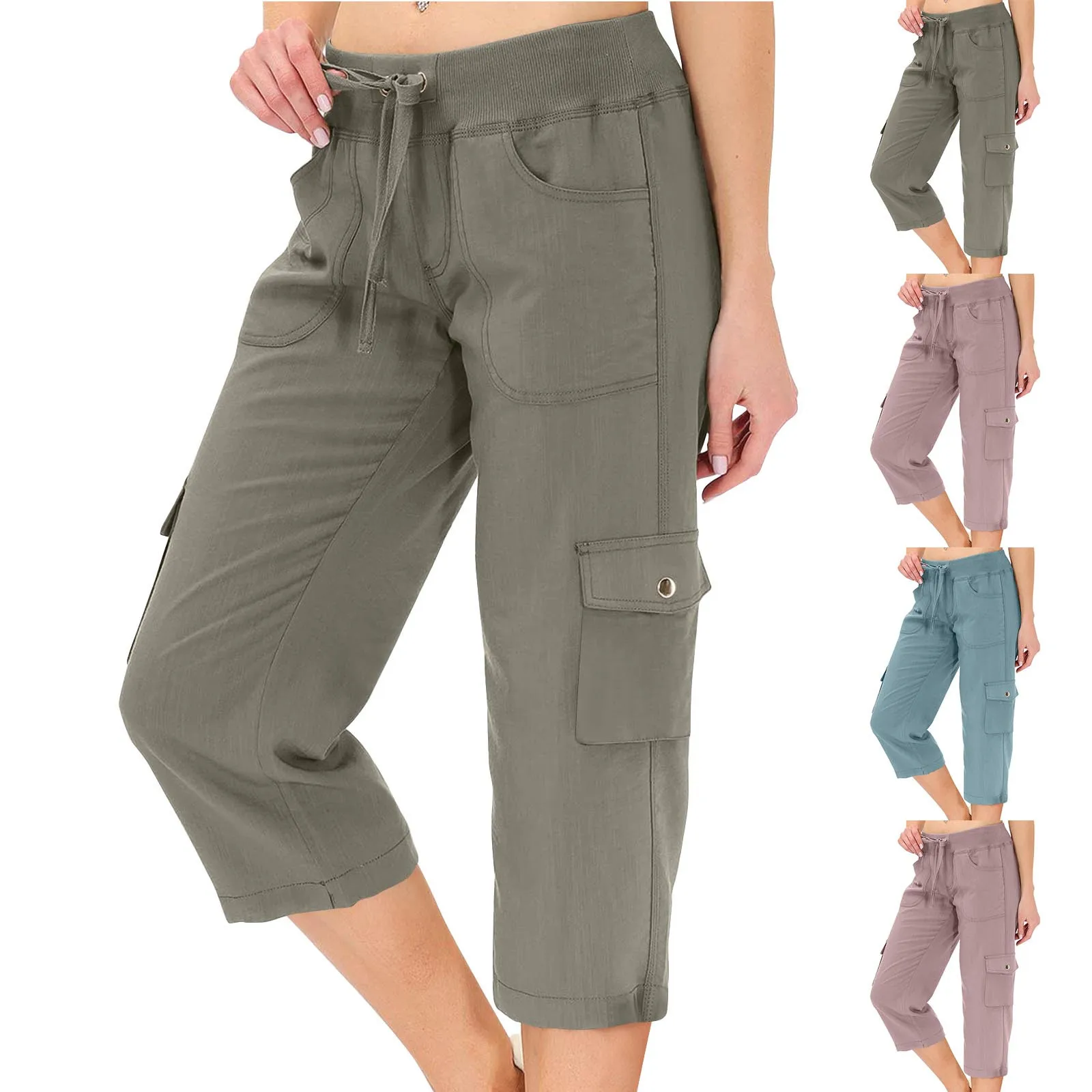 Summer Cropped Pants Women's Cargo Pants Solid Jogger Multi-pocket Elastic Waist Sports Pants Streetwear Casual Capris