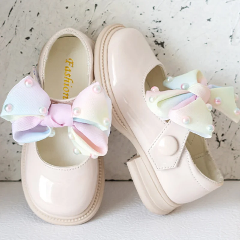 Children Shoes 2023 Spring New Colored Pearl Bowknot Princess Shoes for Kids Girls Fashion Cute JK Baby Girl Shoes Mary Janes