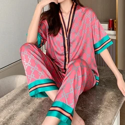 Spring Summer Rose Red Printing Pajama Sets Satin Silk Thin Pajamas Short Sleeves Long Pants Women Sexy Homewear Sleepwear