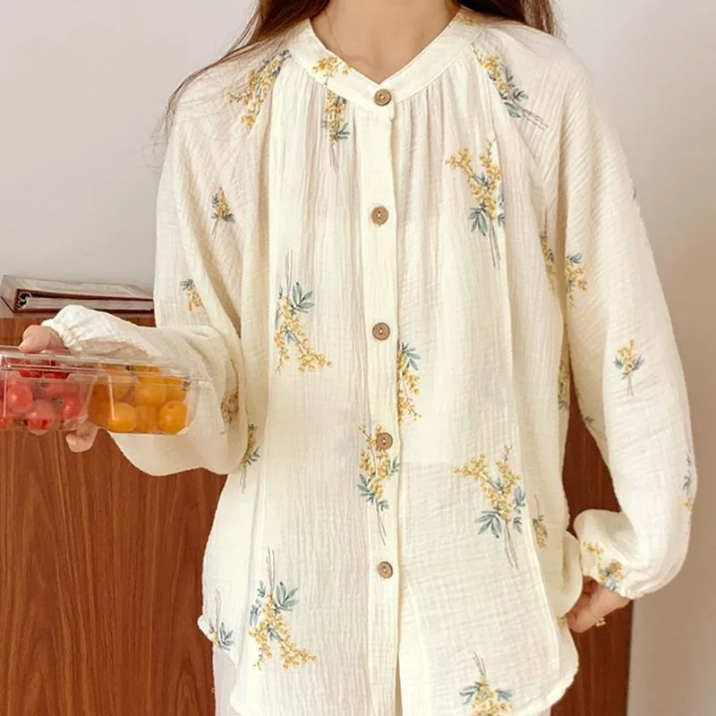 Fashion Pajama Sets for Women Single Breasted Round Neck Long Sleeve Spring Clothing Sweet Girls Outwear Full Length Loose Soft