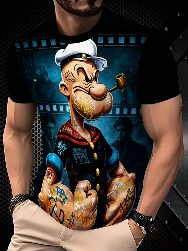Mens T-shirt sailor cartoon character graffiti tattoo film strip graphic print short sleeve crew neck street casual top