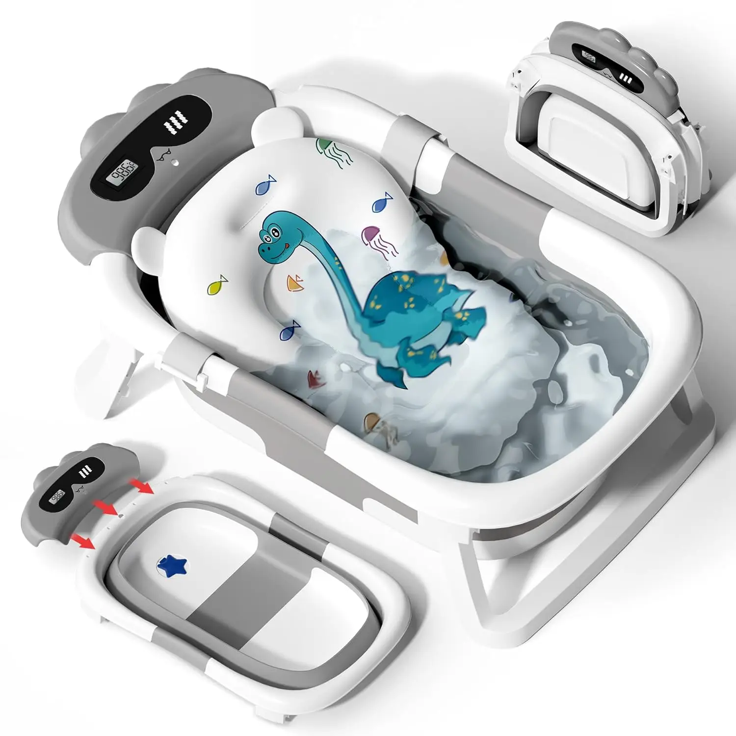 

Collapsible Baby Bathtub for Newborn to Toddler, Portable Travel Tub with Soft Net and Dinosaur Design, No-Slip Feet