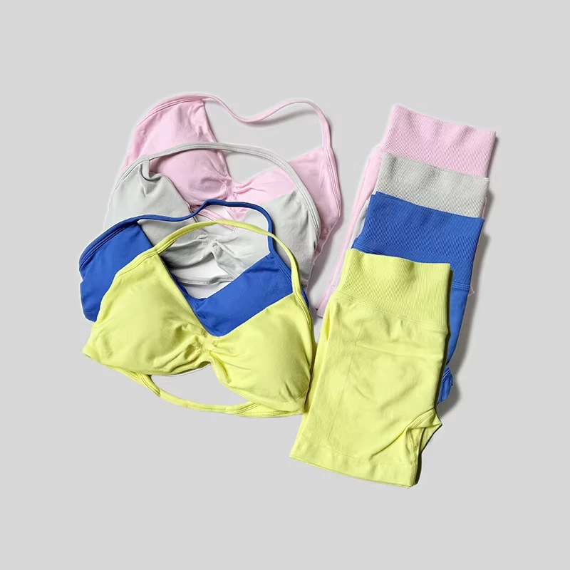 

Strappy Bra Waist Peach Sports Suit Pilates Gathering Yoga Vest Shorts With Logo Workout Training Fitness Yoga Bra Sets