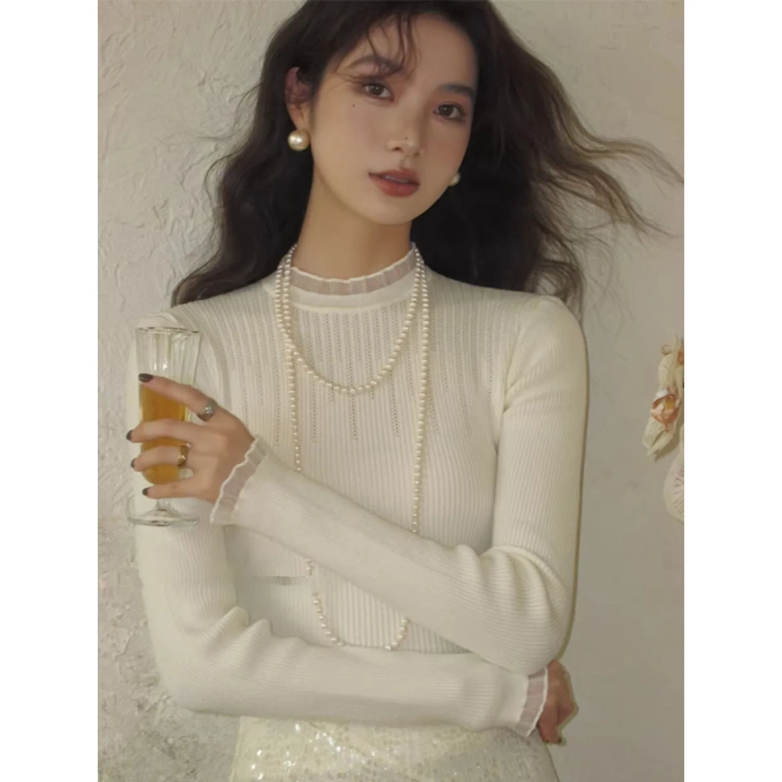 

White Long Sve Knitted Sweater Women's Slim Fit Base irt Autumn Winter New Sle High End Feeling Ear Pi Collar Top