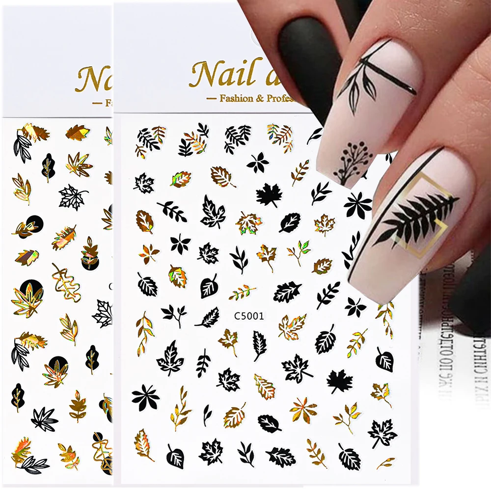 1Sheet Bronzing Maple Leaf Palm Nail Art Sticker 3D Adhesive Nail Stickers Gold Black Designs for Women Girls DIY Manicure Stick