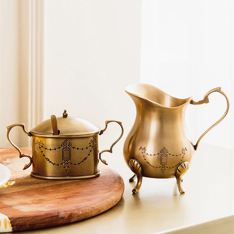 Brass Storage Jar Classical Milk Pot Sideboard Hand-held Flower Coffee Pot Square Sugar Jar Exquisite Brass European Milk Cup