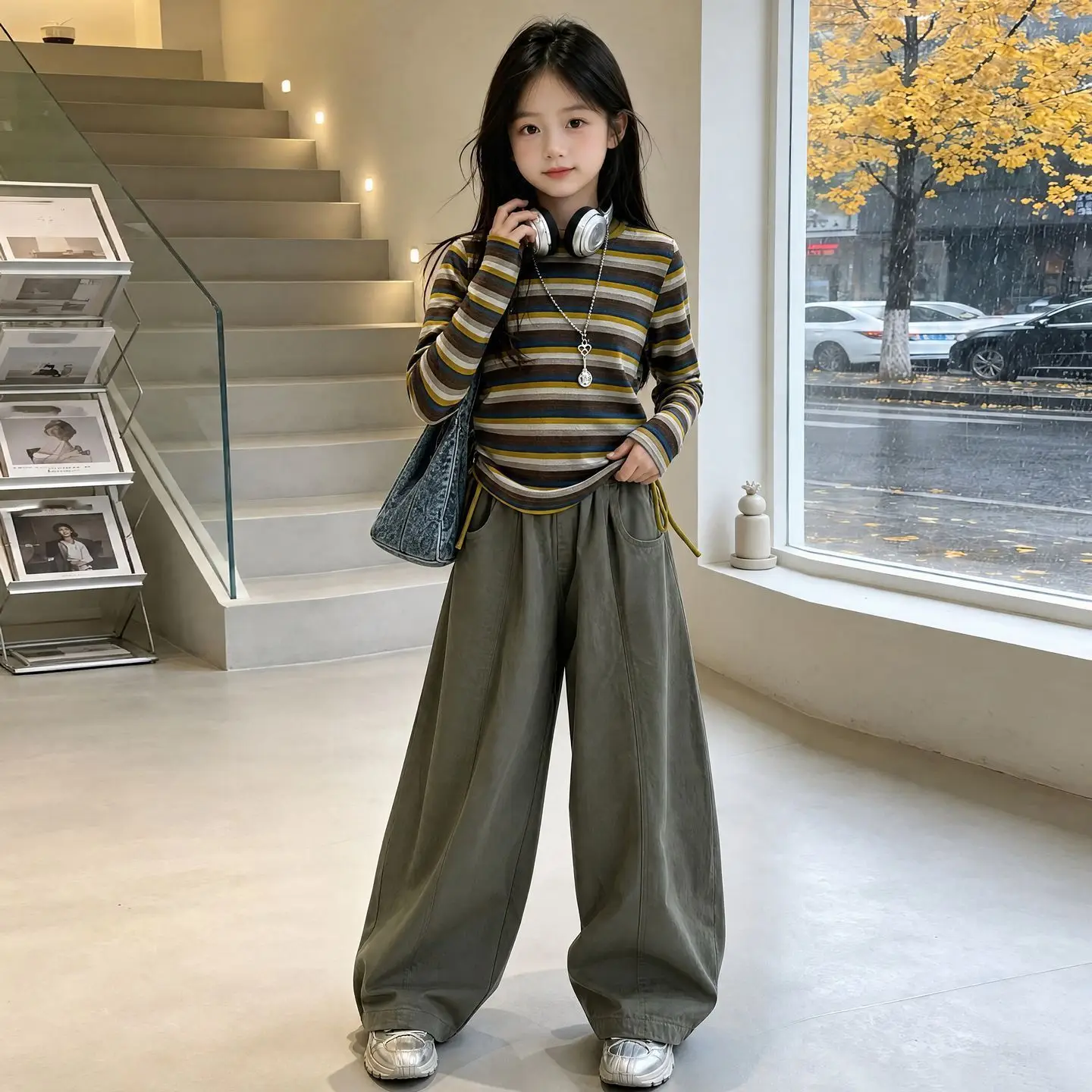 Girls Autumn Spring 2026 New Korean Style Striped Long Sleeve T-shirts+Wide Leg Pants 2pcs Sets Teenage Kids Trendy Clothes Sets