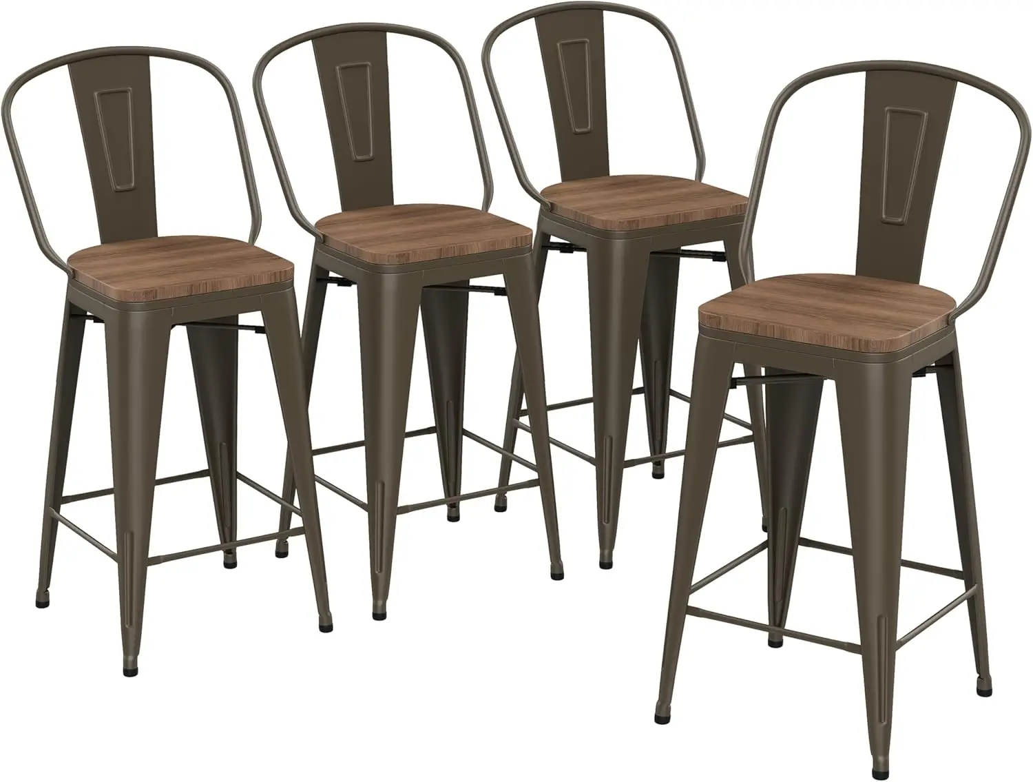 

24 inch Bar Stools Set of 4 Kitchen Counter Height Bar Chairs Modern Farmhouse High Back Metal Barstools with Large Woo
