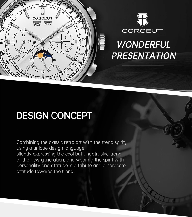 CORGEUT Luxus-Herrenuhr 41mm Automatische Mechanische Uhr mit Lederarmband Saphirglas Anzeige von Jahr, Datum & Woche – Detail 6