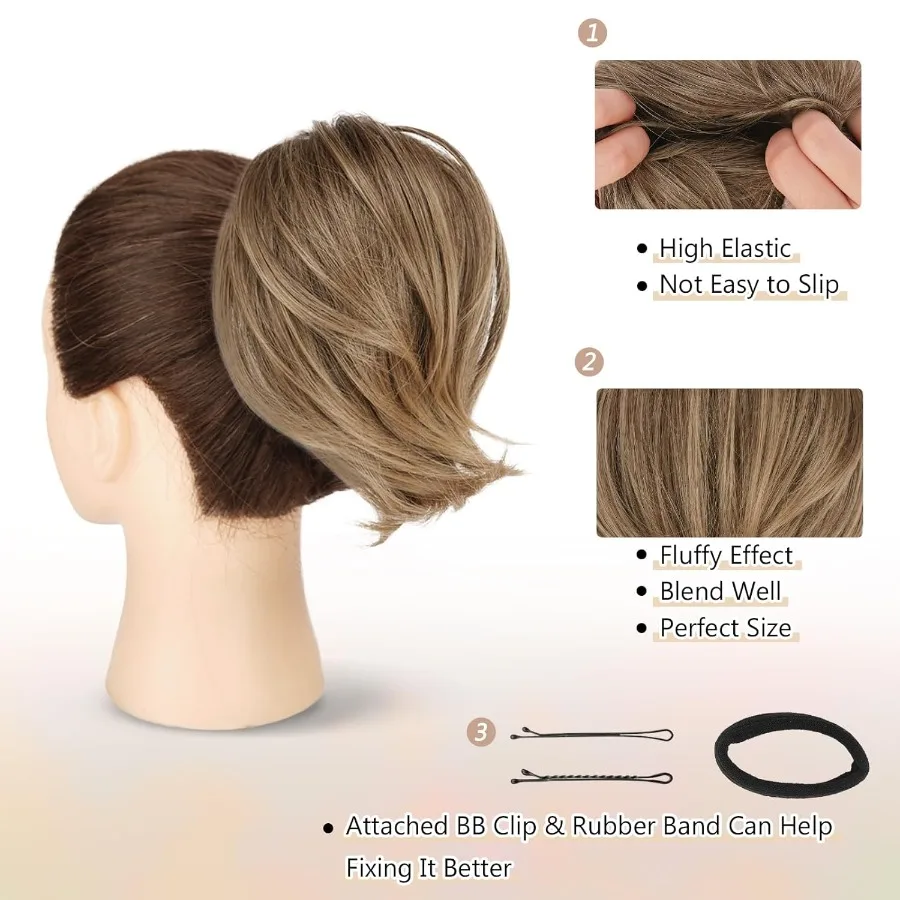 وصلات كعكة الشعر البني للنساء وصلات كعكة شعر صناعية قصيرة مستقيمة بالكامل على شكل ذيل حصان مع كعكة شعر فوضوية مرنة Scr