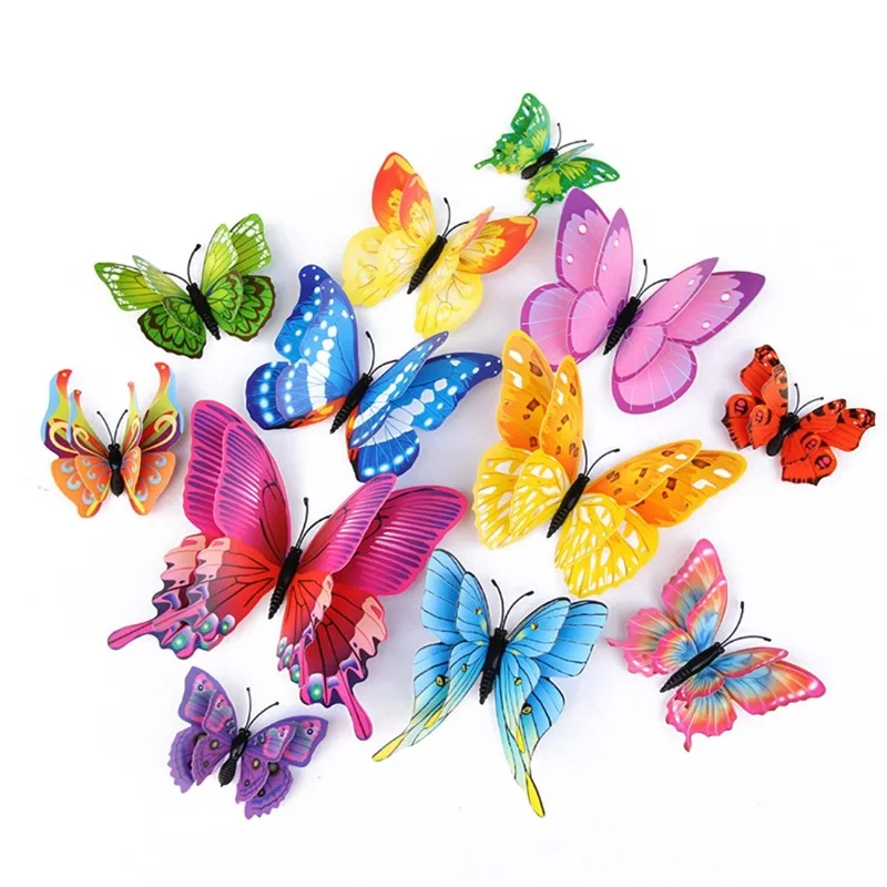 Pegatinas de pared de mariposas 3D de doble capa, 12 piezas, decoración para sala de estar, boda, habitación de niños, arte de pared DIY, pegatinas