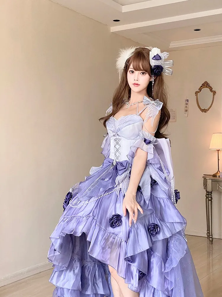 

A misty purple trailing puffy skirt with short front and long back