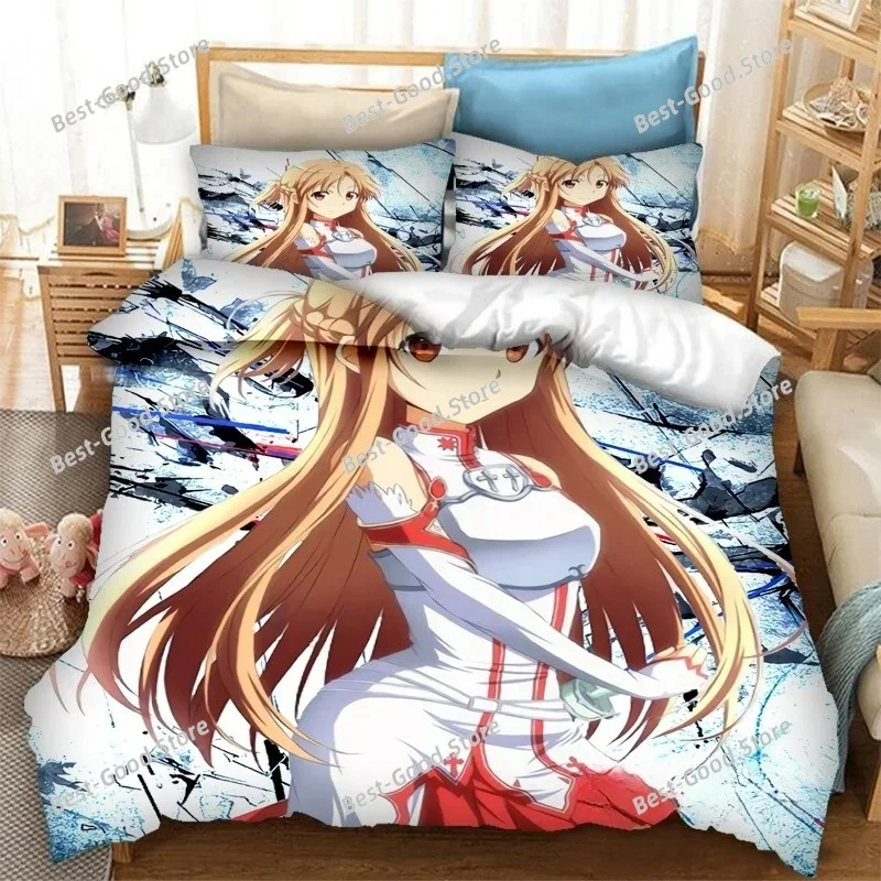 Anime SAO Yuuki Asuna Bedding Set,Duvet Cover Comforter Bed Set Quilt Cover Pillowcase,King Queen Twin Size Boys Girls Adults